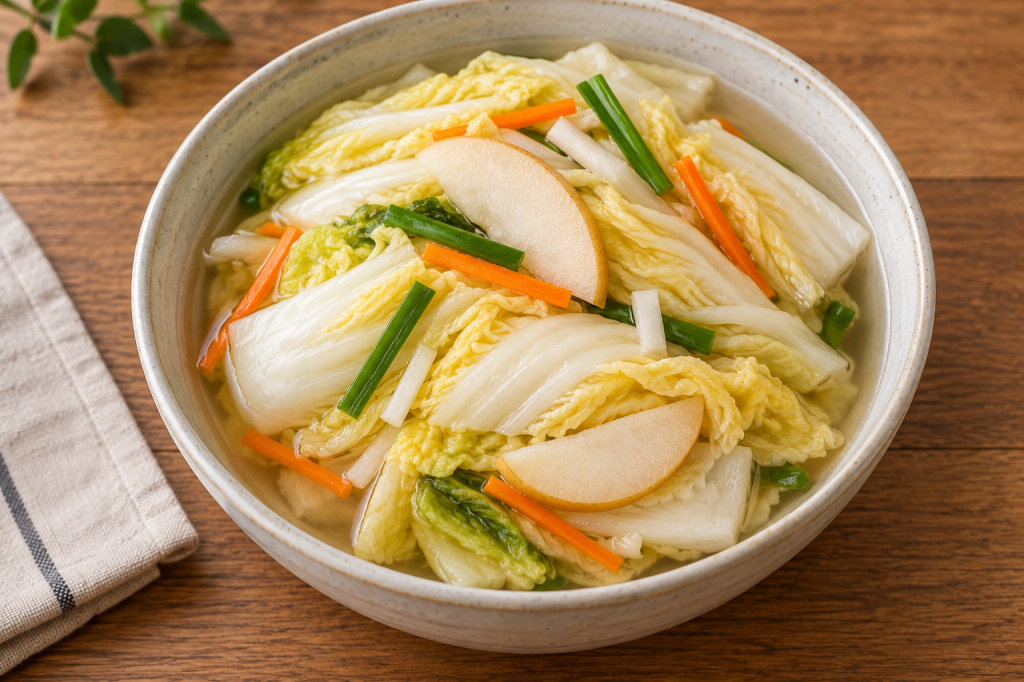Baek-kimchi, a mild white kimchi made without chili flakes