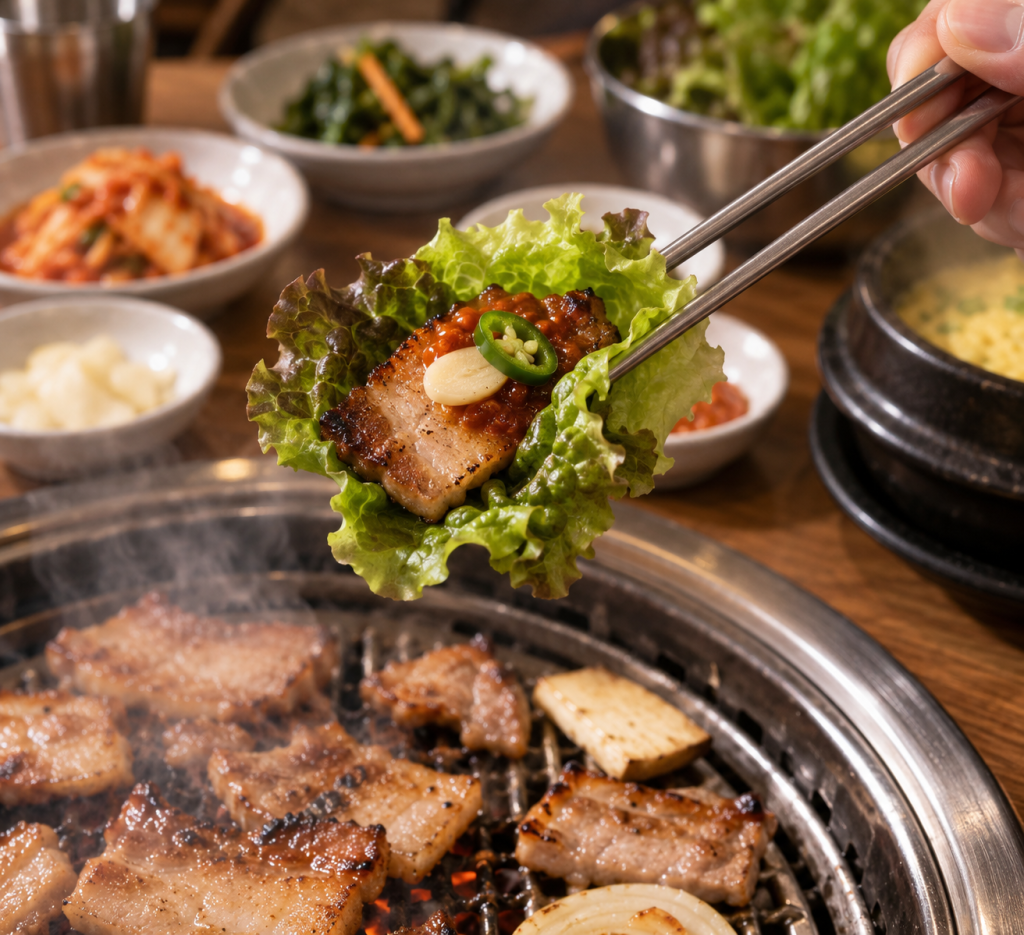 Chopsticks lifting a lettuce wrap with grilled pork belly, ssamjang, garlic, and green chili over a grill