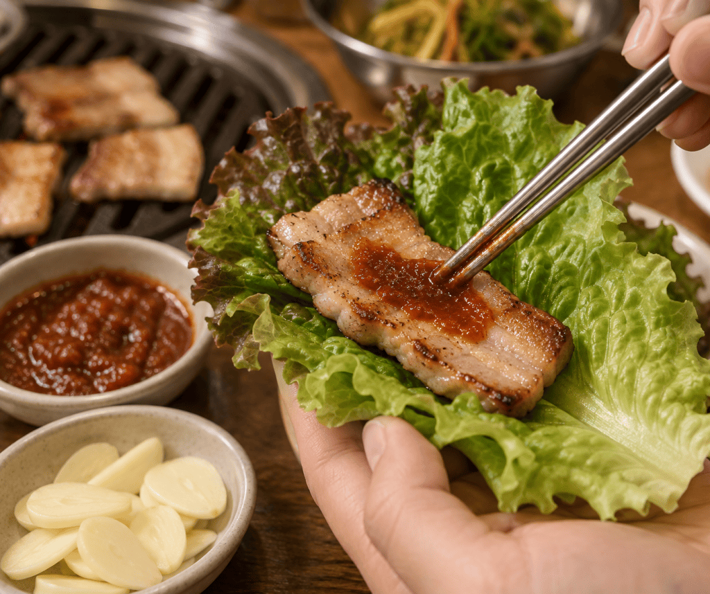 Hand holding a lettuce leaf with grilled pork belly while chopsticks spread ssamjang on top