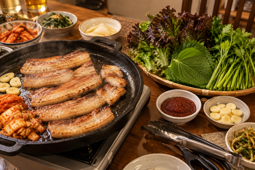Pork belly cooking in a cast-iron skillet next to lettuce, perilla, minari, and gochujang on a home table