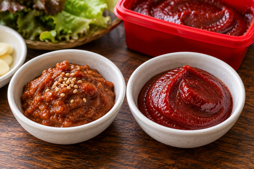 Ssamjang and store-bought gochujang side by side in small dishes for Korean BBQ