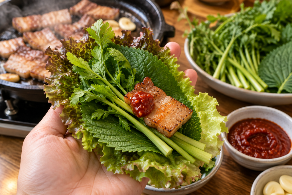 Lettuce wrap layered with perilla leaf, minari, grilled pork belly, and gochujang