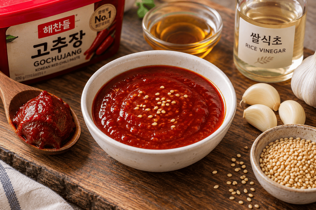 Korean bibimbap sauce (yangnyeomjang) made with gochujang, sesame oil, garlic, and sesame seeds