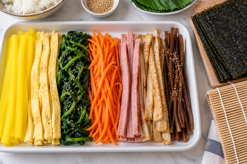 Kimbap filling ingredients laid out in long strips, including pickled radish, egg, spinach, carrot, and ham