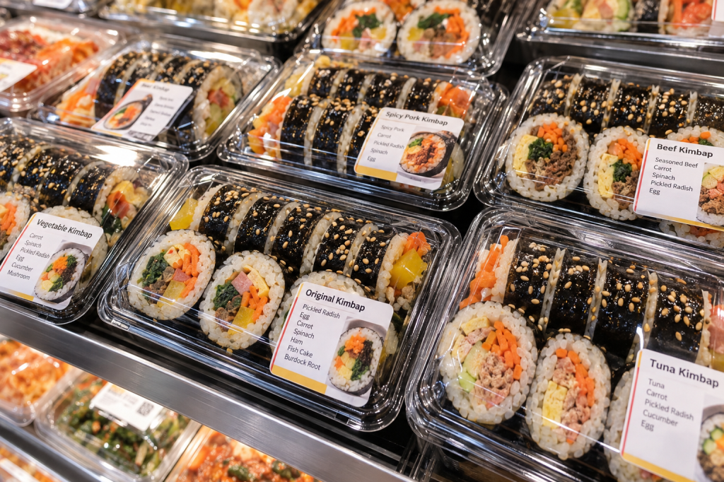 Packaged fresh kimbap rolls with sesame seeds on a Korean grocery store deli shelf