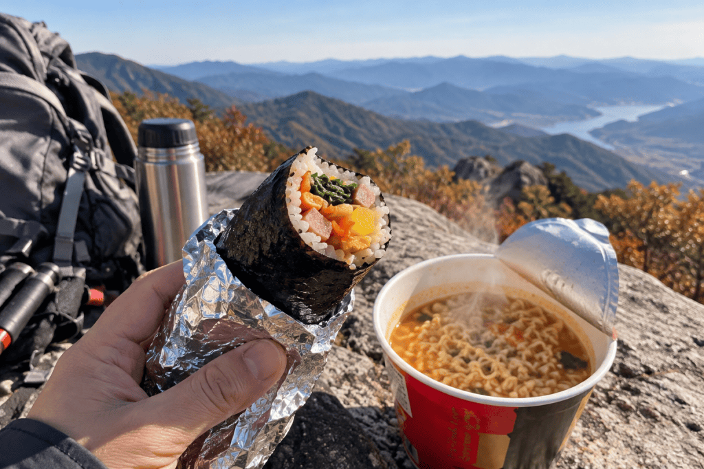 Kimbap wrapped in aluminum foil next to a cup of instant noodles on a mountain summit