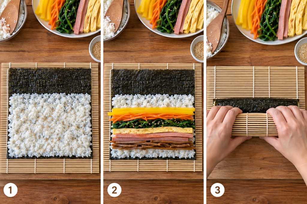 Three steps of rolling kimbap: spreading rice on seaweed, adding fillings, and rolling with a bamboo mat
