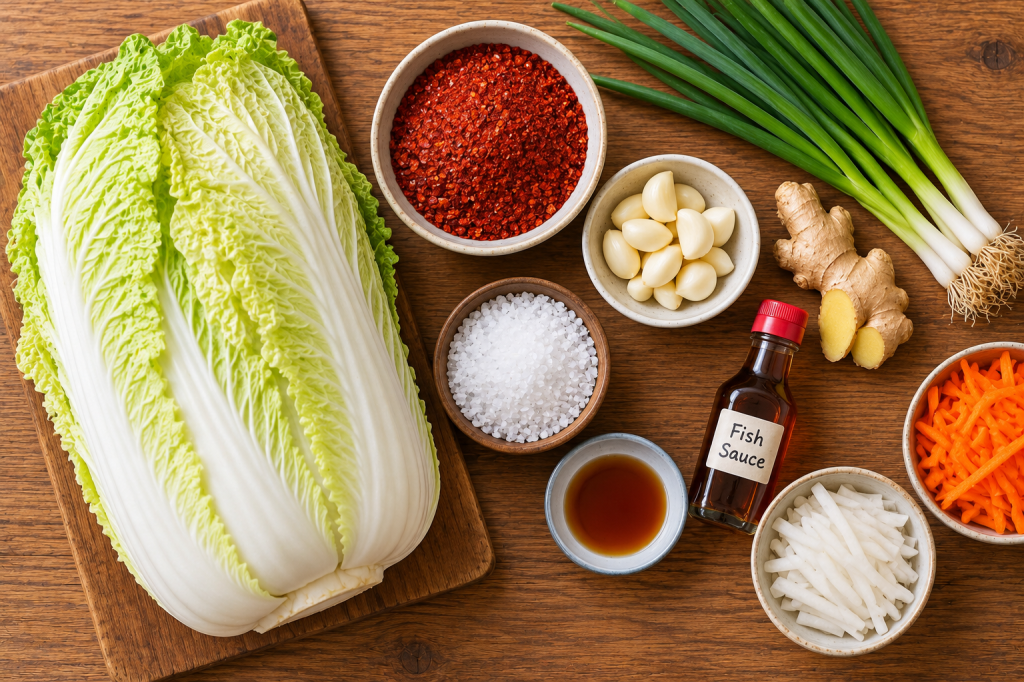 Ingredients for homemade kimchi laid out on a counter