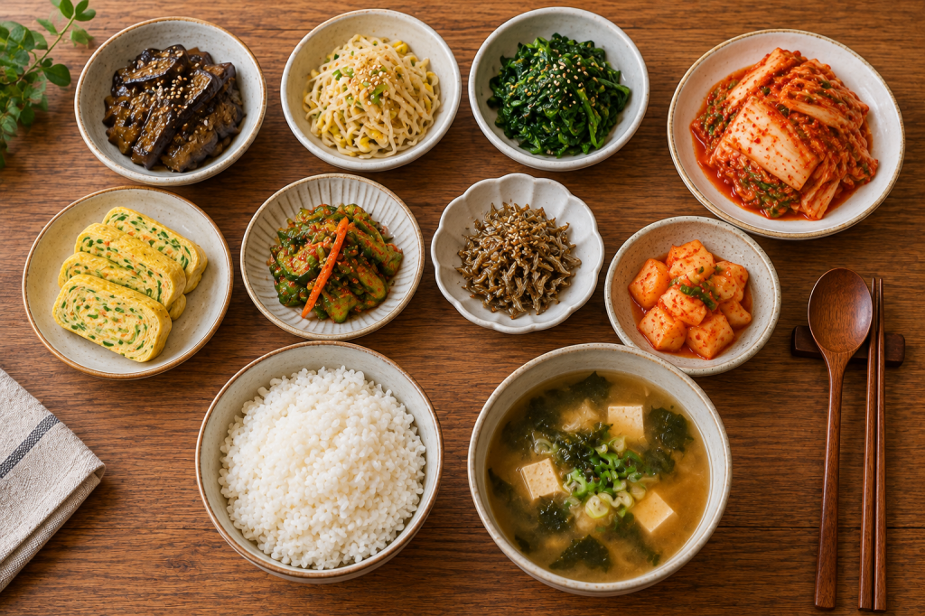 Korean meal with rice, soup, and kimchi as a side dish