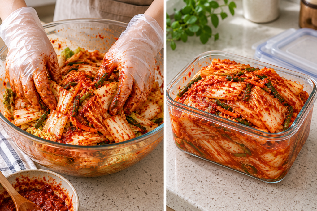 Tossing cut cabbage with kimchi seasoning and packing it into a jar
