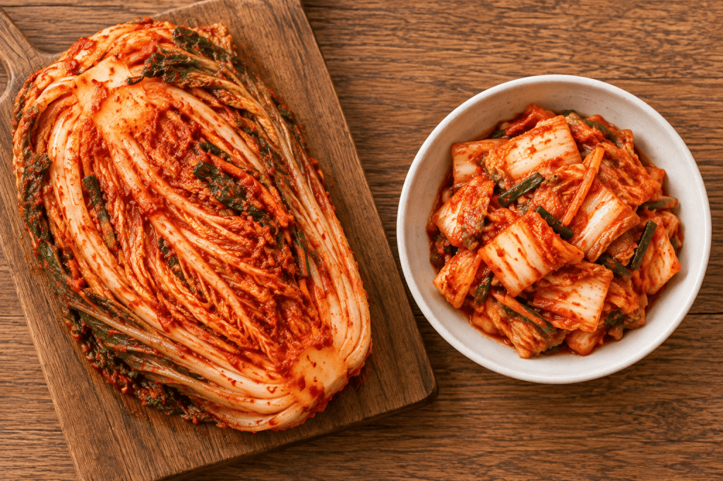 Pogi-kimchi (whole cabbage) next to mak-kimchi (cut pieces)