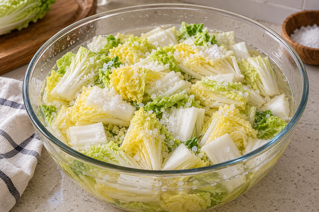 Napa cabbage pieces salting in a bowl for kimchi