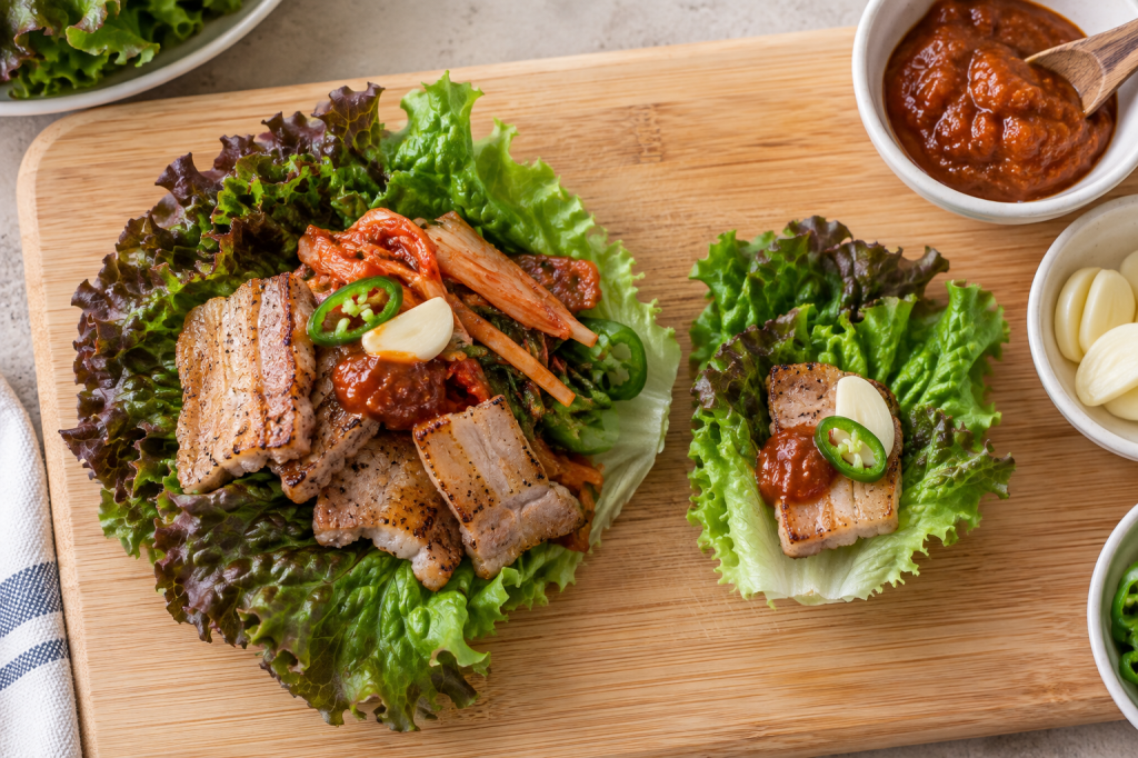 Side-by-side comparison of an oversized lettuce wrap and a bite-sized Korean BBQ ssam