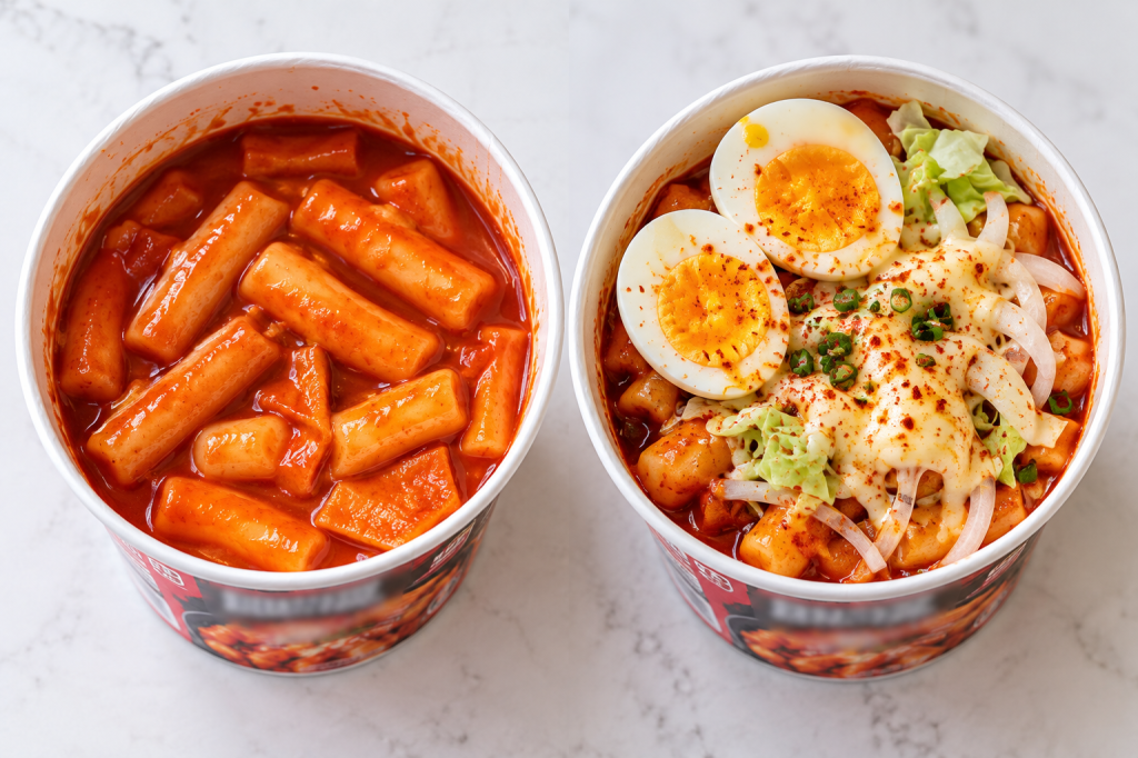 Plain instant tteokbokki cup next to one topped with boiled egg, cabbage, onion, and cheese
