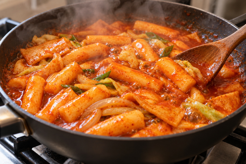 Tteokbokki sauce simmering and thickening around soft rice cakes