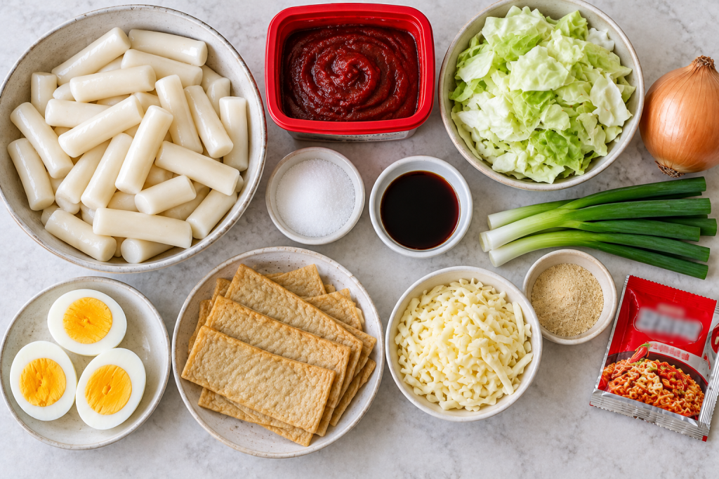 Ingredients for easy homemade tteokbokki, including rice cakes, gochujang, cabbage, and fish cake