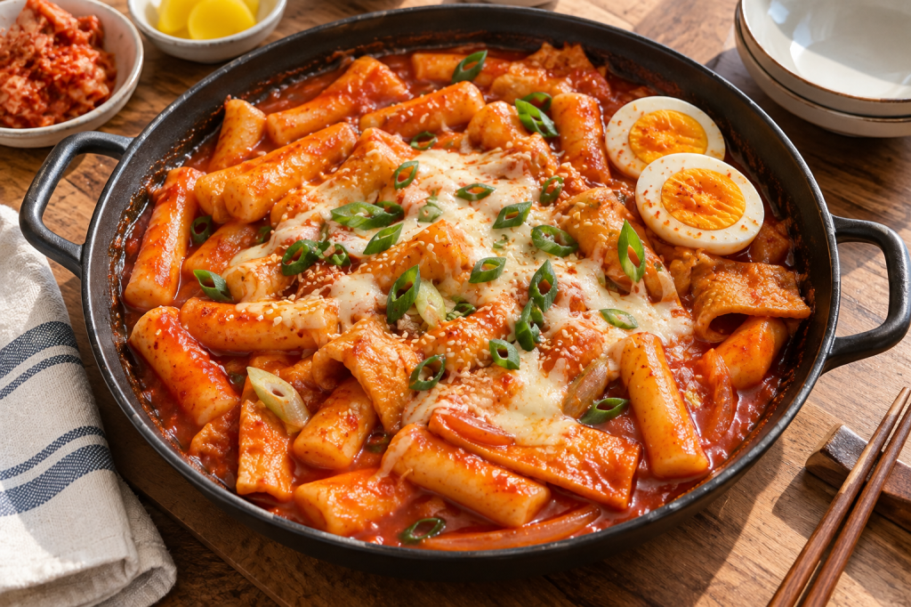 Tteokbokki rice cakes in red gochujang sauce with boiled eggs, fish cake, and melted cheese in a pan