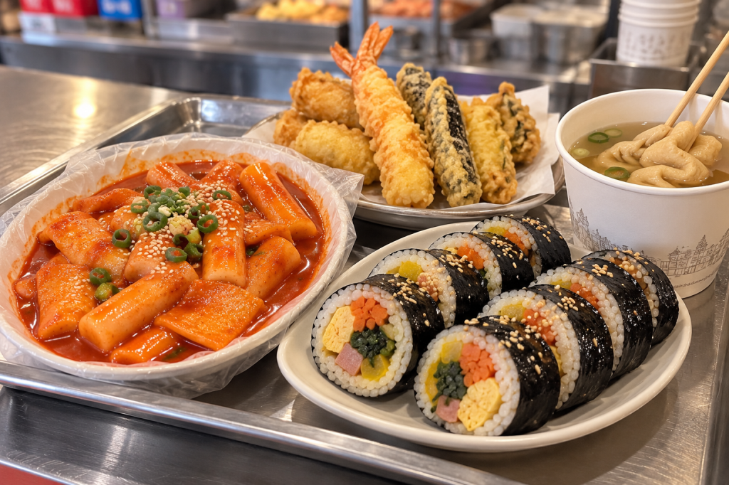 Korean snack spread with tteokbokki, kimbap, fried tempura, and fish cake broth