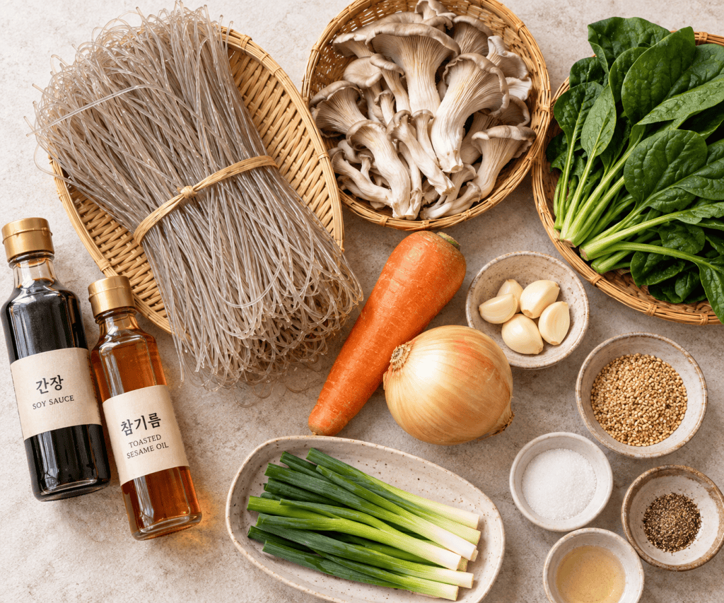 Ingredients for mushroom japchae, including dry glass noodles, oyster mushrooms, spinach, and carrot