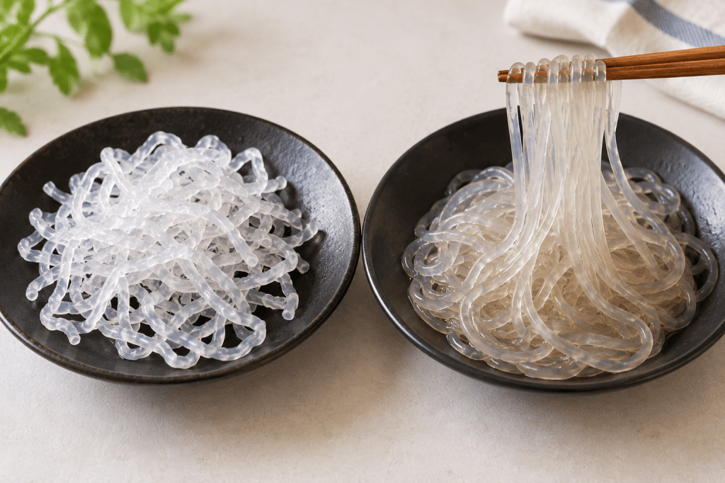 Kelp noodles before and after soaking in baking soda water