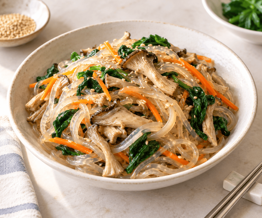 Kelp noodle japchae with oyster mushrooms and vegetables in a bowl