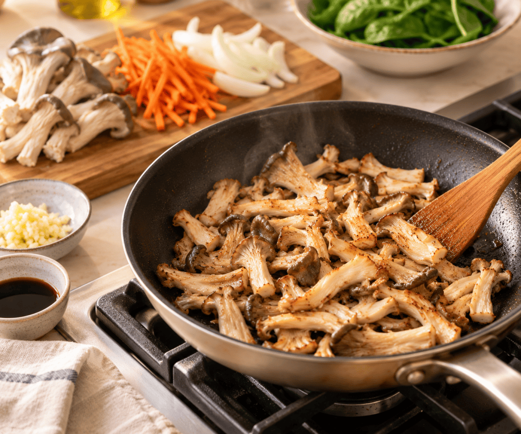Oyster mushroom strips browning in a skillet for japchae