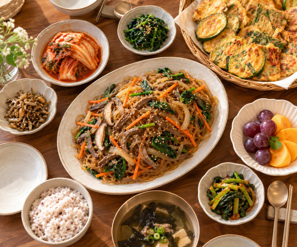Korean holiday table with japchae, savory pancakes, kimchi, rice, and soup